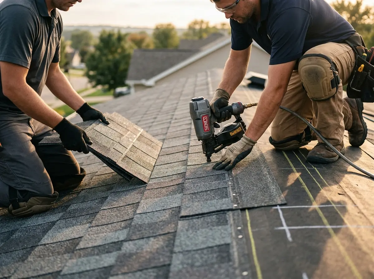 Professional roofer working on a residential roof in Napoleon